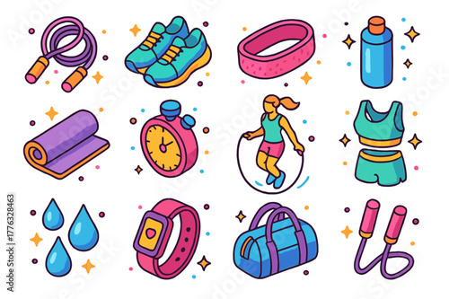 Colorful Jump Rope Icons. Jump rope workout. Colorful isometric vector icons set of jump rope workout: skipping rope, sneakers, sweatband, water bottle, gym