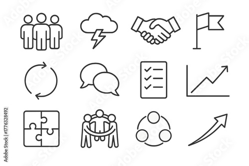 Team Development Icons. Team development stages. Line icon set of team development stages: forming group, storming cloud, norming handshake, performing star,