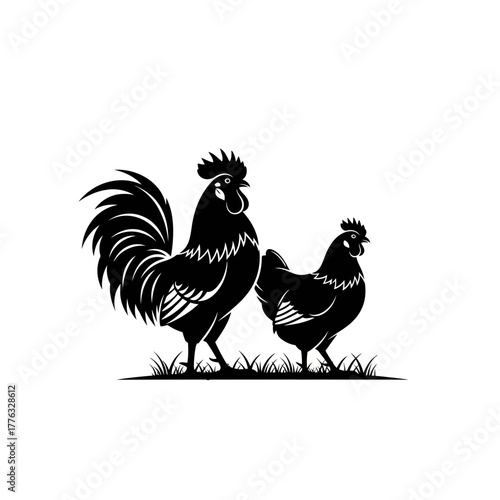 Rooster and Hen Silhouette Illustration – Farm Chicken Poultry Vector Art