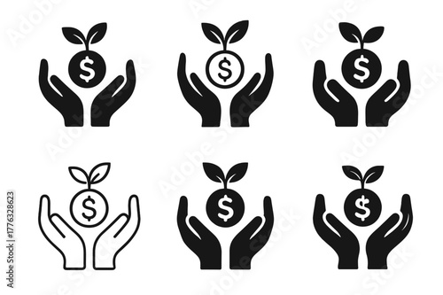 Microfinance Logo Variations. Microfinance. Set Logo of Microfinance: small seed coin in nurturing hands. harmonious logo variations of the same emblematic