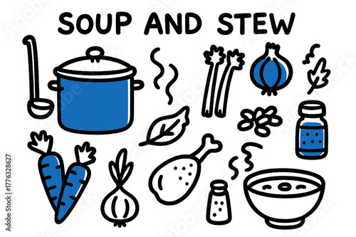 Soup Ingredients Doodle. // Soup and stew. Hand-drawn doodle illustration Soup and stew [stockpot (accented), ladle, carrots (accented), celery,