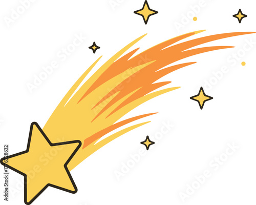 A simple vector cartoon illustration of a golden yellow shooting star with a trailing orange comet tail, emitting small starbursts and dots