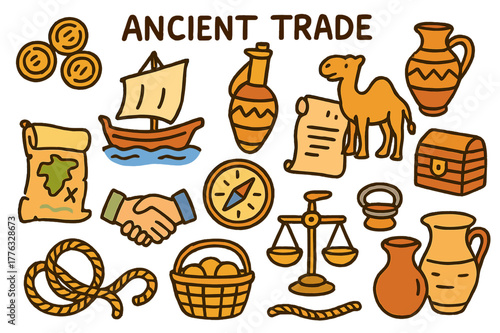 Ancient Trade Icons. Ancient trade. Colorful Hand-drawn doodle Children illustration Ancient trade bronze coins, ships, amphora, camel, map, scroll, compass,