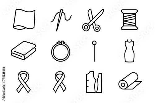 Fabric Icon Set. Fabric details. Line icon set of fabric details: organza fabric, sewing needle, thread, scissors, spool of thread, folded fabric, embroidery