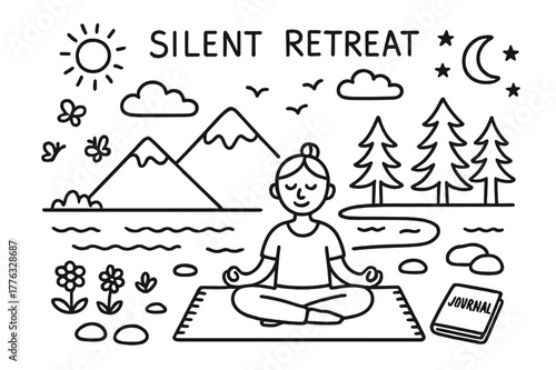 Tranquil Meditation Scene. Silent Retreat. Hand-drawn doodle illustration Silent Retreat person meditating, mountains, lake, trees, clouds, sun, moon, birds,