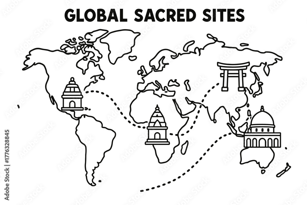 Obraz premium Children's Landmark Map. Global sacred sites children?s coloring book illustration, outlined drawing, a simple world map with tiny landmark icons like a