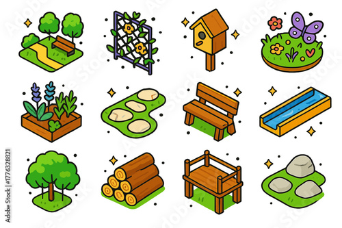 Biophilic Urban Icons. Biophilic urban design. Colorful isometric vector icons set of Biophilic urban design: pocket park, climbing plants trellis, bird nest