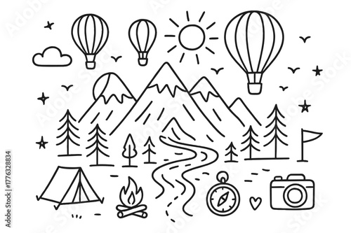 Balloons and Mountains Doodle. Balloons over mountains. Hand-drawn doodle illustration Balloons over mountains balloon, peaks, sun, river, trees, birds, cloud,