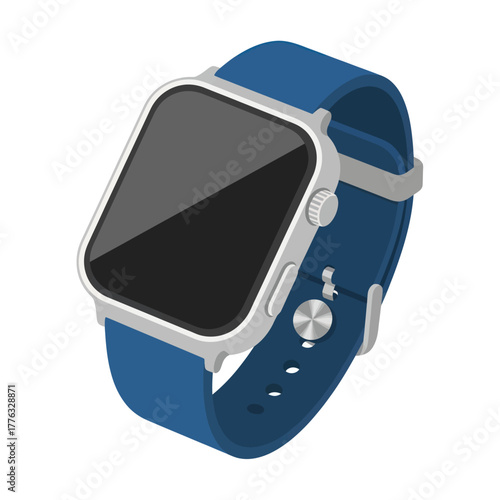 Modern smartwatch with a silver case, blue silicone band, and blank screen, shown in an isometric perspective.