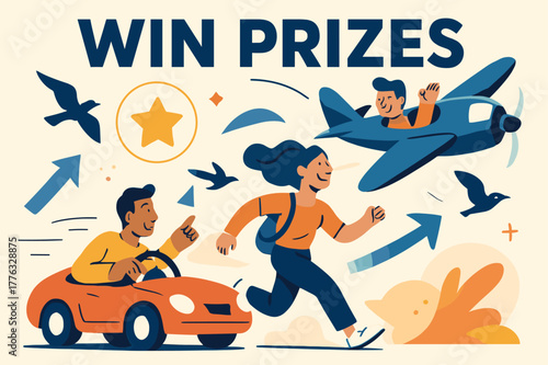 Adventure in Motion. WIN PRIZES. Speeding cars, flying airplanes, soaring birds, freedom and adventure in travel and exploration. Modern flat vector scene with