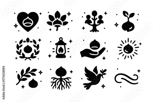 Chestnut Symbol Icons. Chestnut Symbolism. Solid icons set of Chestnut Symbolism: heart nut, leaf crown, family tree, sprouting nut, circle wreath, lantern