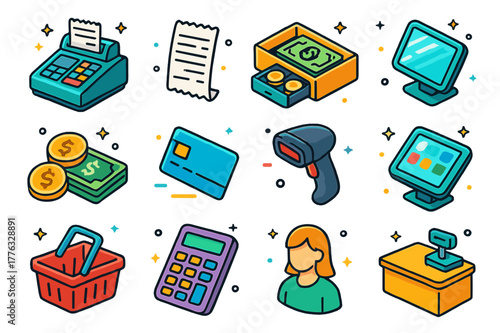 Colorful Cash Register Icons. Cash register. Colorful isometric vector icons set of cash register: point of sale, receipt, cash drawer, coins, dollar bills,