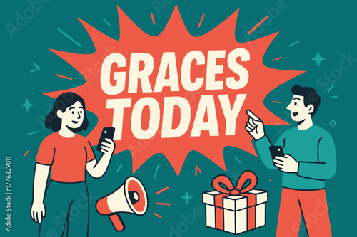 Vibrant Graces Today Banner. Graces Today banner, flat vector illustration, bold oversized text inside splash explosion banner, cartoon characters standing and