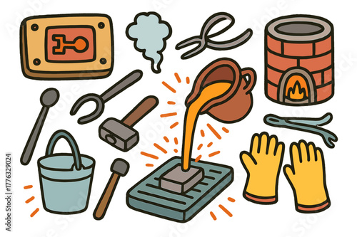 Metal Casting Icons. Metal casting. Colorful Hand-drawn doodle Children illustration Metal casting clay mold, molten metal, crucible, ladle, furnace, smoke,