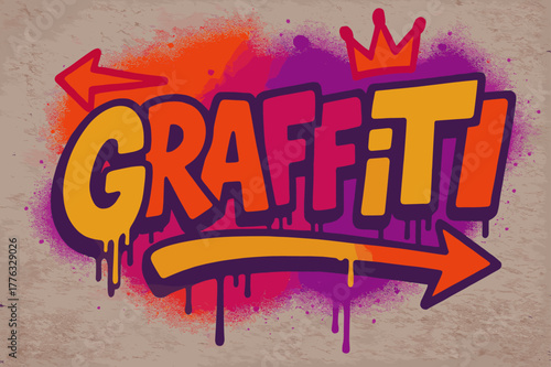 Urban Graffiti Vibrance. Graffiti Simplified with thick bubble letters, tilted layout, dripping outlines, flat spray fills, arrows and crowns, urban street