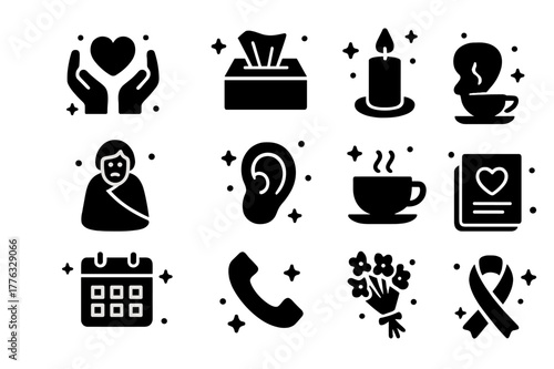 Grief Support Icons. Helping a friend or family member through grief. Solid icons set of Helping a friend or family member through grief: support hands, heart,
