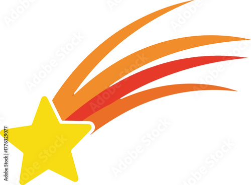 A simple vector illustration of a cheerful yellow star with a flowing comet tail in shades of orange and red, depicting a shooting star.