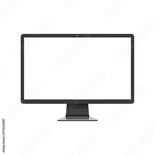 Sleek black desktop computer monitor with a blank white screen and built-in webcam.