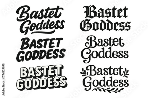 Bastet Lettering Variations. Bastet Goddess. Set lettering. harmonious lettering variations of the same emblematic concept (Bold hand-lettering with playful
