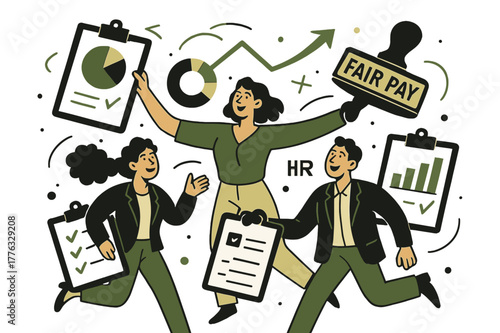 Equity Audit Animation. Workplace equity audit. Clipboards, charts, and checkmarks orbit HR staff; stamp thumps ?FAIR PAY.? Numbers align, tension eases.