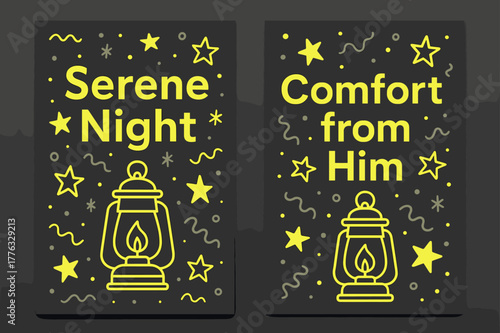 Serene Night Banners. Night of Serenity. Two vertical A6 banners with safe margins, centered composition, no elements touching edges, memphis, charcoal and