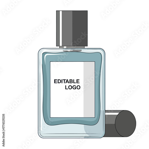 Vector illustration of a rectangular glass perfume bottle with blue liquid and an editable logo label.