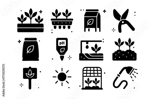 Sage Gardening Icons. Sage herb gardening. Solid icons set of Sage herb gardening: raised bed, seedling tray, compost bin, pruning shears, soil bag, pH meter,