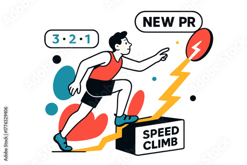 Lightning Speed Climb. Speed Climb Start Gate. Toes press the pad, buzzer counts ? ? ? ?; a lightning path races toward the finish plate. ?New PR? lights up in