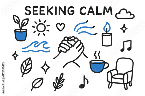 Seeking Calm Doodle. // Seeking calm. Hand-drawn doodle illustration Seeking calm [hands clasped (accented), deep breath lines (accented), plant, candle