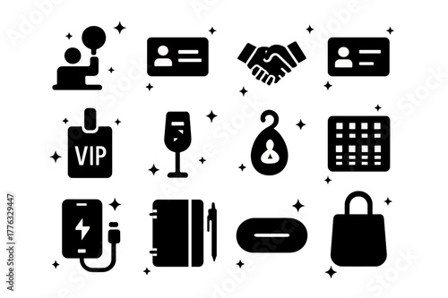 Collector Icons Set. Collector experience. Solid icons set of Collector experience: bidder seat, business card, handshake deal, membership card, VIP badge,