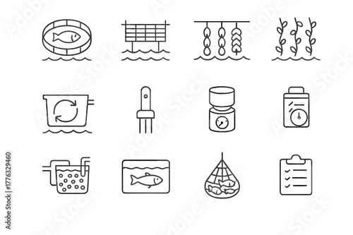 Sustainable Aquaculture Icons. Sustainable Aquaculture. Line icon set of Sustainable Aquaculture: fish farm pen, oyster rack, mussel longline, seaweed rope,