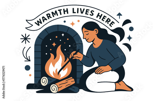 Warmth Lives Here. Keeper of the Hearth. A calm figure tends a glowing fire; sparks rise like tiny stars of care. Ribbon text ?warmth lives here? arcs above