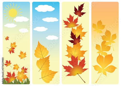 Autumn leaf designs for bookmarks featuring falling leaves and sunny skies