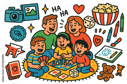 Family Game Night Fun. Affiliate Links ? Retro Poster; lettering: bold rounded; composition: ribboned seal with side icons; effects: halftone rim + gentle