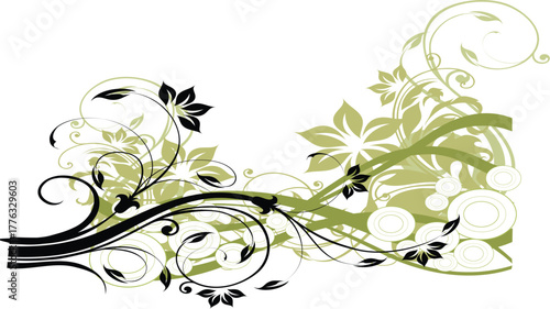 Elegant swirling green floral design with black accents and delicate leaves