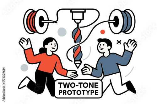 Dual-Extrusion Prototype. Dual-Extrusion Color Swap. Two filament spools feed a single head as colors twist midair; a label reads ?two-tone prototype?. Crisp