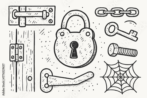 Rusty Keyhole Icons. Rusty Keyhole. Hand-drawn doodle illustration Rusty Keyhole padlock, key, latch, chain, rust, scratches, hinges, cobweb, bolt, dust,