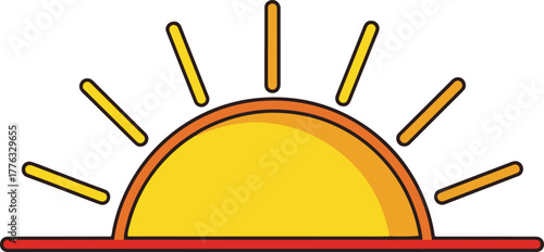 A cartoon vector illustration of a sunrise or sunset, showing a semi-circular yellow and orange sun rising above a red horizon line with radiating yellow sunbeams.