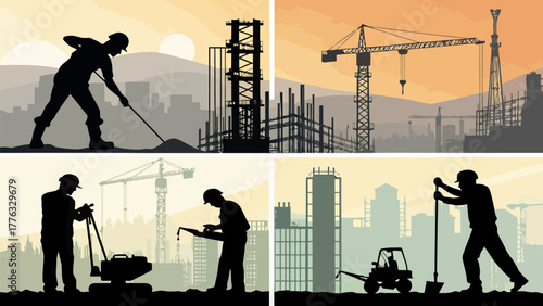 Silhouette construction workers and equipment on a construction site with cranes and buildings view scene