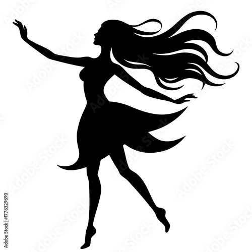 Dancing Girl with Flowing Hair Silhouette Vector