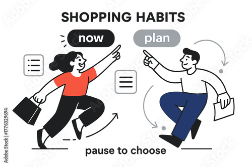 Impulse vs Intent. Shopping Habits ? Impulse vs Intent. Two buttons hover: ?now? flickers and ?plan? glows steady; a list icon anchors the scene. Caption