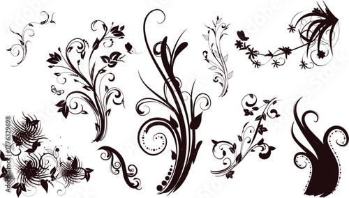 Collection of dark floral swirls and ornate flourishes on a white background