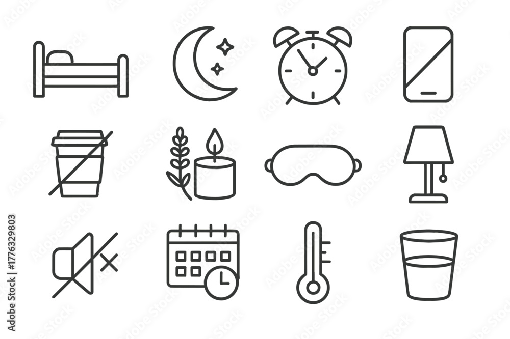 Fototapeta premium Sleep Hygiene Icons. Sleep Hygiene. Line icon set of Sleep Hygiene: bed, moon, alarm clock, phone off, no caffeine, lavender candle, sleep mask, dim light,