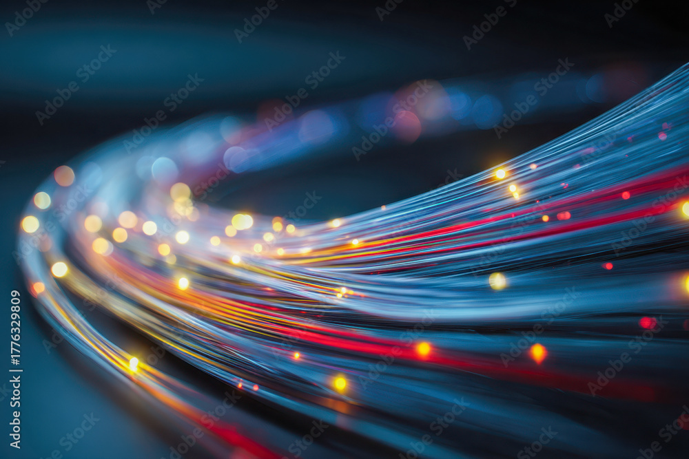 Fototapeta premium Dynamic curved fiber optic cables illuminated with multicolored glowing light dots creating a futuristic and high-tech communication network concept background