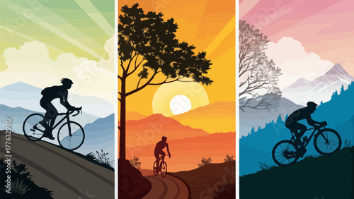 Three panels showing cyclists riding through scenic landscapes at different times of the day with mountains silhouette