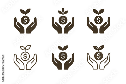 Microfinance Logo Variations. Microfinance. Set Logo of Microfinance: small seed coin in nurturing hands. harmonious logo variations of the same emblematic