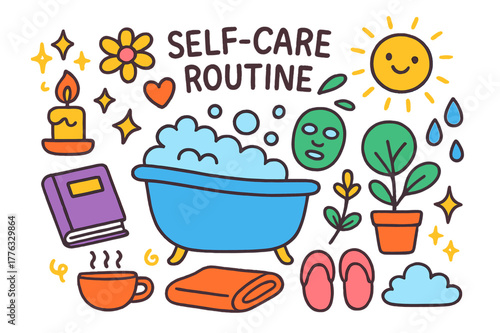 Colorful Self-Care Doodles. Self-care routine. Colorful Hand-drawn doodle Children illustration Self-care routine bathtub, candle, face mask, flower, heart,
