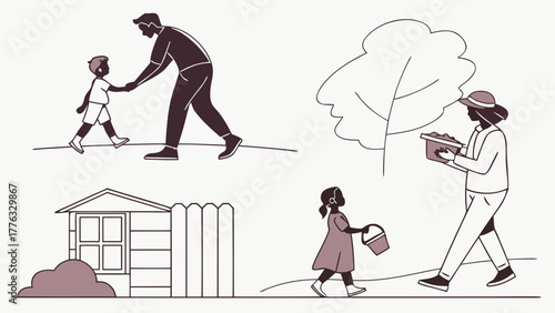 Illustration of family members engaged in outdoor activities like walking, gardening, and yard work scene silhouette