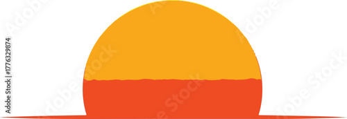 A minimalist vector illustration depicting a sunrise or sunset, featuring a semi-circular orange and red sun just above a warm red horizon line.