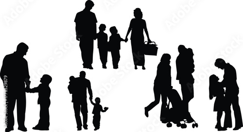 Diverse family silhouettes depicting various stages of life and activities